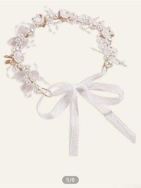 Azazie White Pearl & Floral Ribbon Headpiece